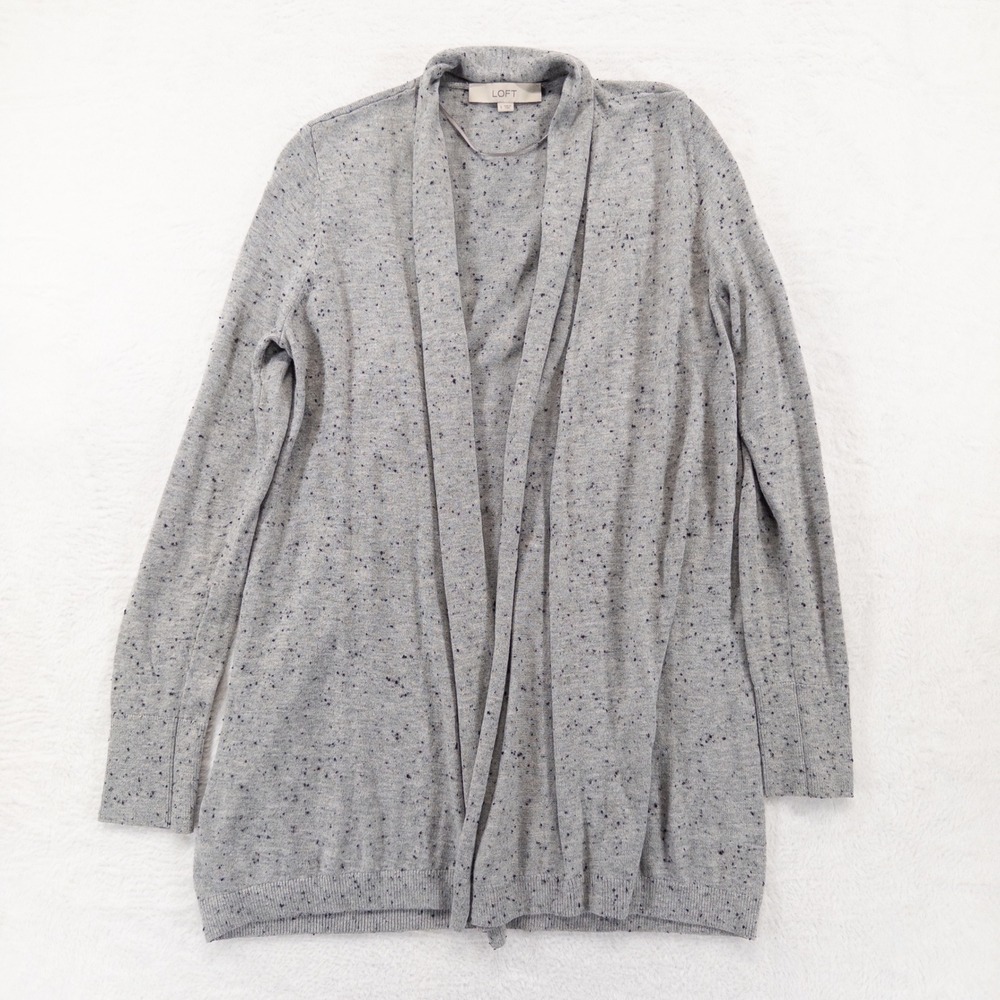 LOFT Cardigan Sweater Sz Small Gray Speckled Open Front Draped Knit Layer